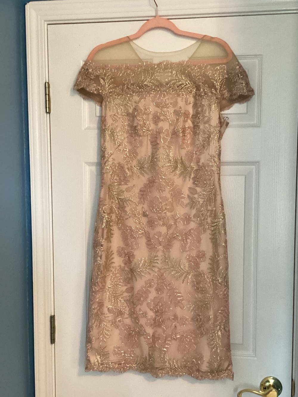 Tadashi Shoji Blush Pink Midi Dress with Gold Embroidery